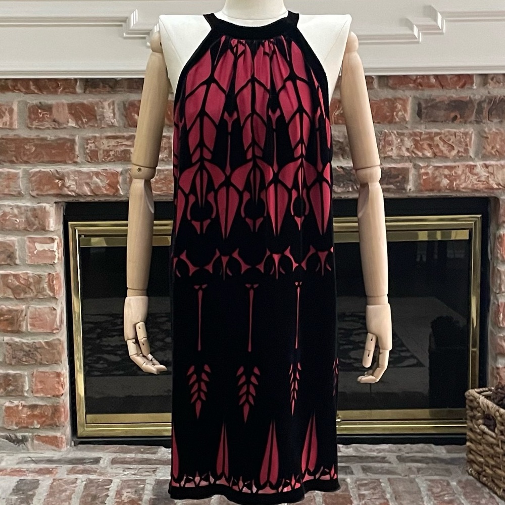 VINTAGE Y2K silk Max Studio red and black velvet accented dress / S / NWOT